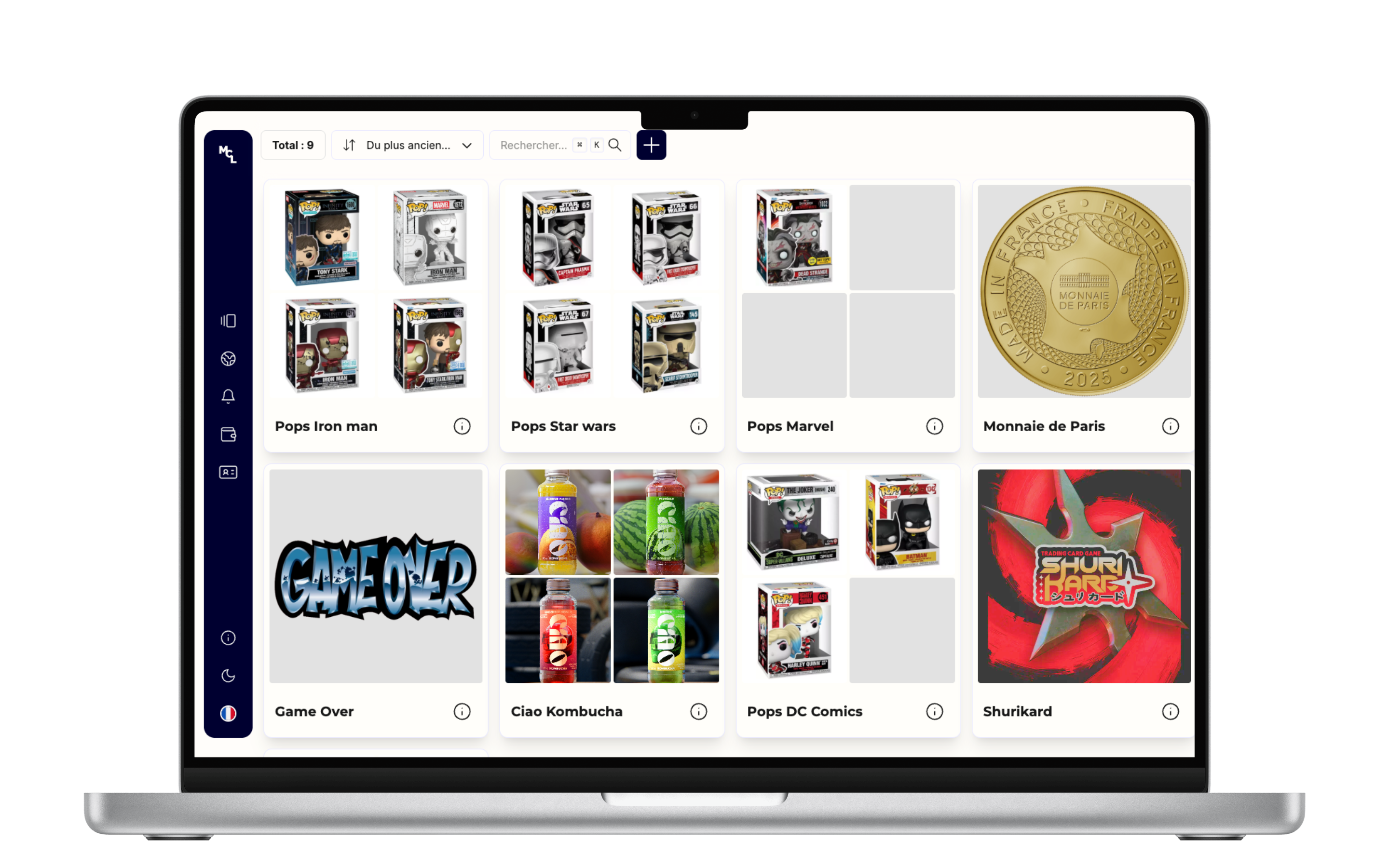 MyCataLog sur ordinateur : la liste des collections en grille, chacune illustrée par ses objets (Funko Pop, pièces, jeux de cartes)