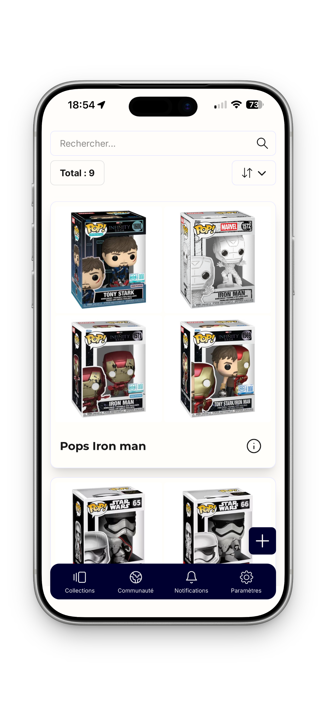 MyCataLog sur mobile : une collection de Funko Pop Iron Man, avec la recherche, le tri et la barre de navigation